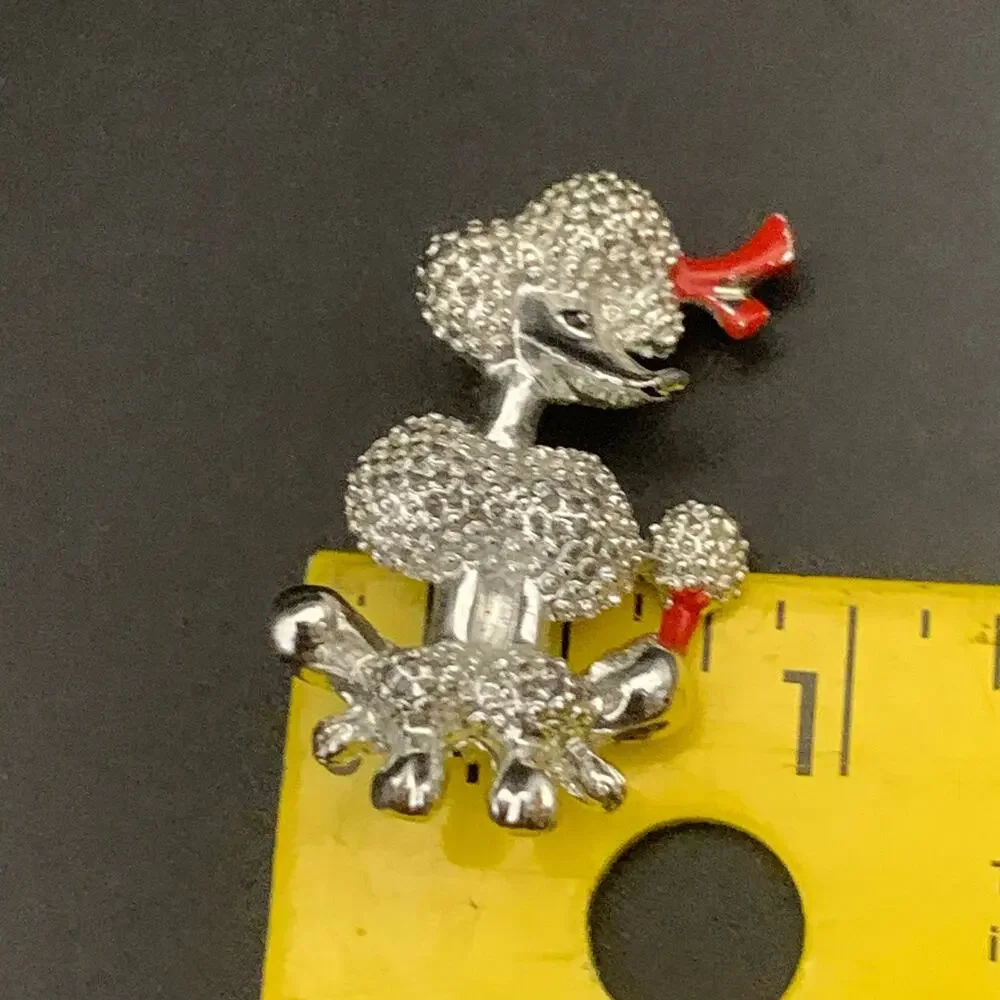 Vintage Poodle with Red Bow Brooch